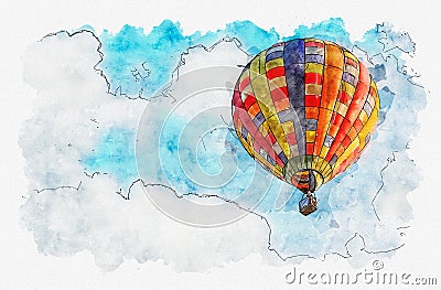 Watercolor painting illustration of Hot air balloon in the sky Cartoon Illustration