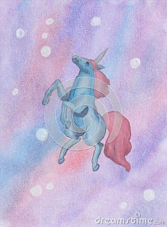 Watercolor painting illustration of a magnificent blue fantasy unicorn with pink mane and pink tail Cartoon Illustration