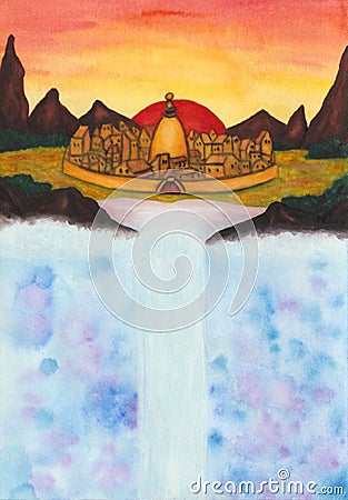 Watercolor painting illustration of a wonderful fantasy world Cartoon Illustration