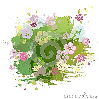 Watercolor painting imitation green background with pink flowers. Vector Illustration