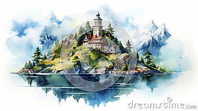 Watercolor Painting Of Isolated Island Castle In Elmore Bay Cartoon Illustration