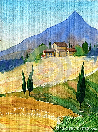 Watercolor painting with italian country landscape. Typical tuscan hills with cypress and farmland. Cartoon Illustration