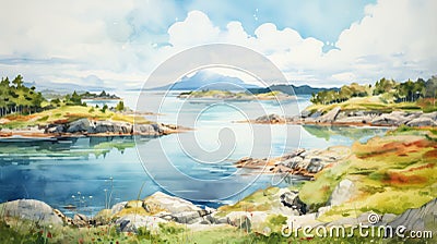 Watercolor Painting Of A Lake And Mountain In A Natural Landscape Stock Photo