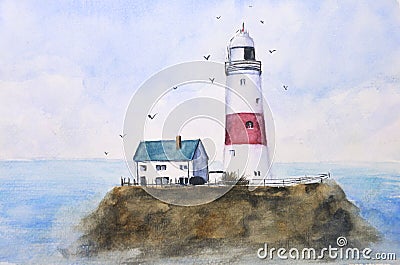 Watercolor painting landscape blue sea lighthouse on island with birds flying in the sky. Stock Photo