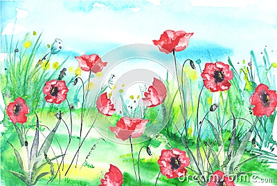 Watercolor painting, landscape of bright green grass, red poppy steppe,green, yellow flowers, plants, field, meadow against a blue Stock Photo