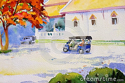 Watercolor painting landscape colorful of Tuk tuk taxi. Stock Photo