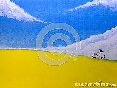 watercolor painting landscape girl bicycle through meadow in summer. Stock Photo