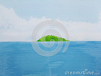 Watercolor painting landscape sea with green island. Stock Photo