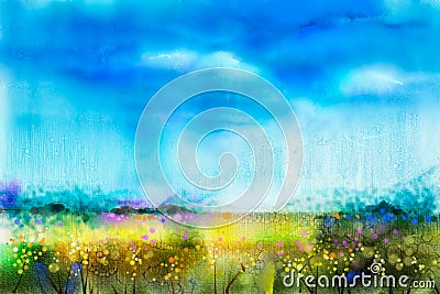 Watercolor painting landscape, wildflower and blue sky Stock Photo