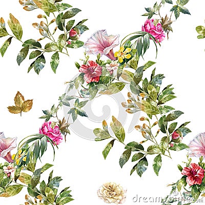 Watercolor painting leaf and flowers, seamless pattern on white background Stock Photo