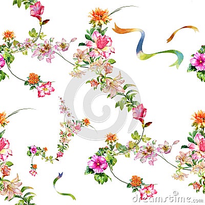 Watercolor painting leaf and flowers, seamless pattern on white background Stock Photo