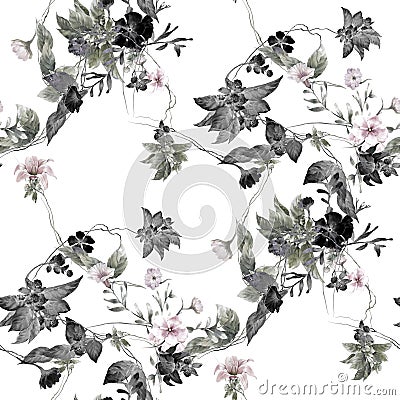 Watercolor painting leaf and flowers, seamless pattern on white background Stock Photo