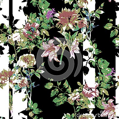 Watercolor painting of leaf and flowers, seamless pattern on white Stock Photo