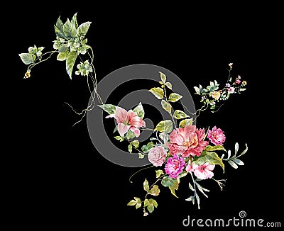 Watercolor painting leaves and flower, on dark background Stock Photo
