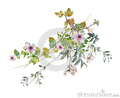 Watercolor painting leaves and flower, on white background Stock Photo