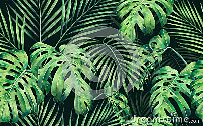 Watercolor painting monstera,coconut leaves seamless pattern on dark background.Watercolor hand drawn illustration tropical exotic Cartoon Illustration