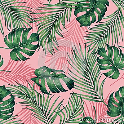 Watercolor painting monstera,coconut leaves seamless pattern with shadow on pink background.Watercolor llustration palm,pink leaf, Stock Photo