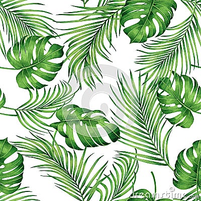 Watercolor painting monstera,coconut leaves seamless pattern with shadow on white background.Watercolor llustration palm,pink leaf Stock Photo