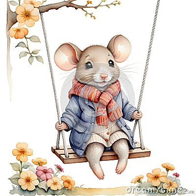 Watercolor painting of a mouse wearing a jacket and scarf, sitti Stock Photo