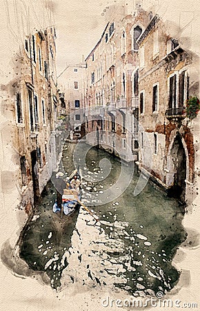 Watercolor painting of narrow canal in Venice, Italy, with gondola and old houses Stock Photo