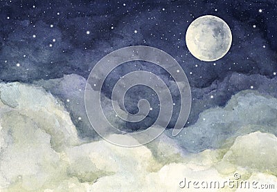 Watercolor painting of night sky with full moon and shining stars Stock Photo