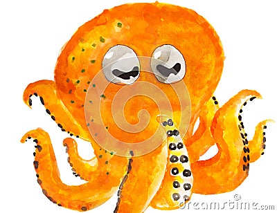 Watercolor painting of octopus or tako in japanese with orange skin isolated on white background drawn by hand, animal art Cartoon Illustration