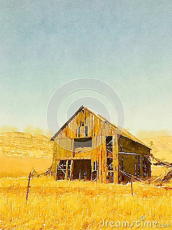 Watercolor painting of Old abandoned barn in the countryside of Idaho, USA Stock Photo