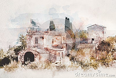 Watercolor painting of an old house in Tuscany, Italy Stock Photo