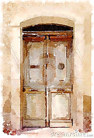 Watercolor painting of an old wooden door in Spain Stock Photo