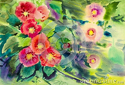 Watercolor painting original flower colorful of pink, red flowers Stock Photo