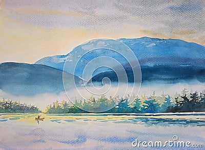 Watercolor painting original landscape colorful of boating morning Stock Photo