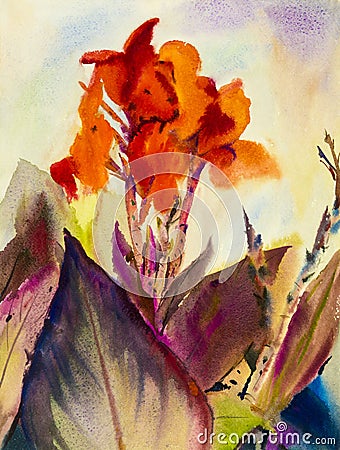 Watercolor painting original landscape orange color of Canna lily flower Stock Photo