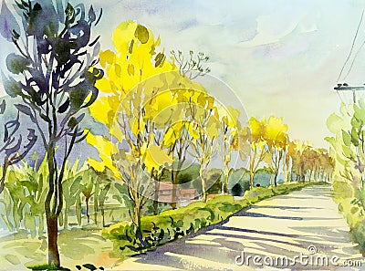 Watercolor painting original landscape yellow color of golden tree. Stock Photo