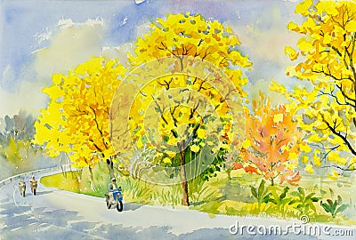 Watercolor painting original landscape yellow, orange color of golden tree Stock Photo