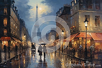 Watercolor painting of Paris street with people walking under umbrellas, Impressionism painting of a town in the evening, AI Stock Photo