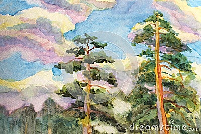 Watercolor painting of Pine trees and clouds sky Stock Photo