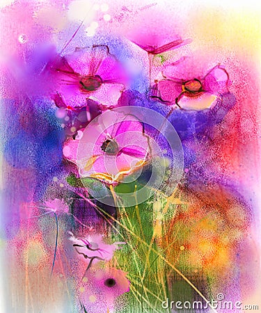 Watercolor painting pink cosmos flower Stock Photo