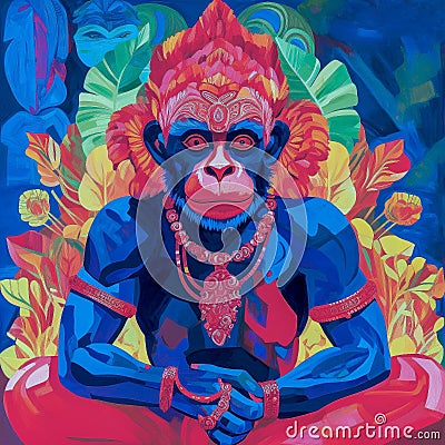 Watercolor painting of a portrait of a Hanuman, a Hindu god, AI-generated. Stock Photo