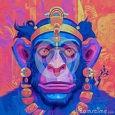 Watercolor painting of a portrait of a Hanuman, a Hindu god, AI-generated. Stock Photo