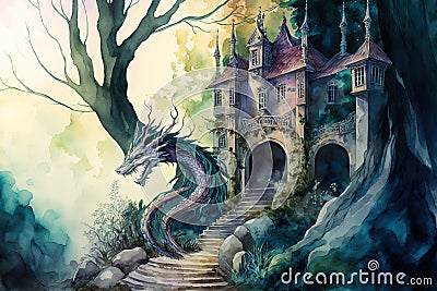 watercolor painting of a princess palace with a dragon tale backdrop Stock Photo
