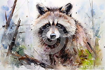 Watercolor painting of raccoon in a meadow. Illustration. Banner, poster, postcard, greeting. Perfect for nature Stock Photo