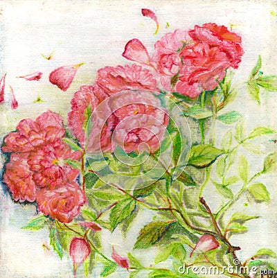 Watercolor painting of red roses and green leafs Stock Photo