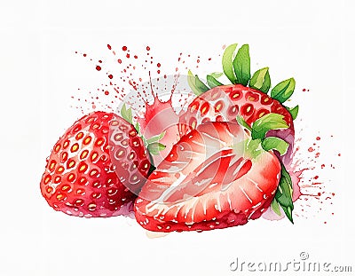 Watercolor painting of red strawberries with green leaves, exuding freshness and artistry Stock Photo