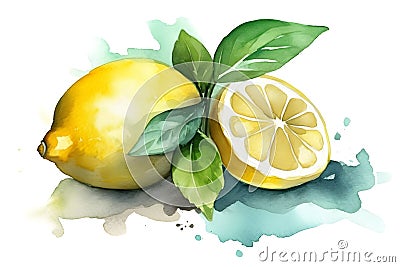 Watercolor painting of ripe lemons. Generative AI Stock Photo