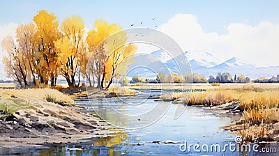 Watercolor Painting: Autumn Valley With Accurate Ornithological Style Stock Photo