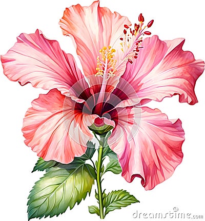 Watercolor painting of Rose of Sharon flower. AI-Generated. Stock Photo