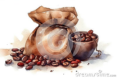 watercolor painting of sac with coffee beans Stock Photo