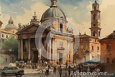 Watercolor painting of Santa Maria della Neve in Italy. Stock Photo