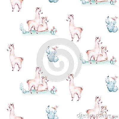 Watercolor painting seamless pattern with white cute llama animal. Llamas cartoon america. Boho cactus textile design Stock Photo