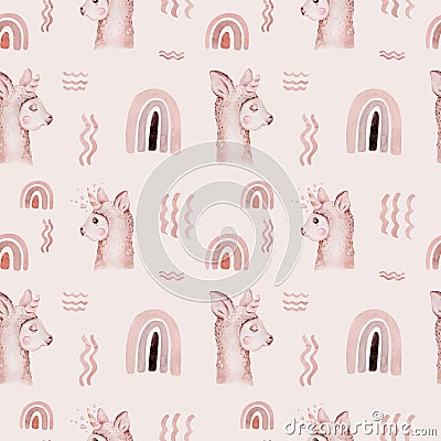 Watercolor painting seamless pattern with white cute llama animal. Llamas cartoon america. Boho cactus textile design Stock Photo